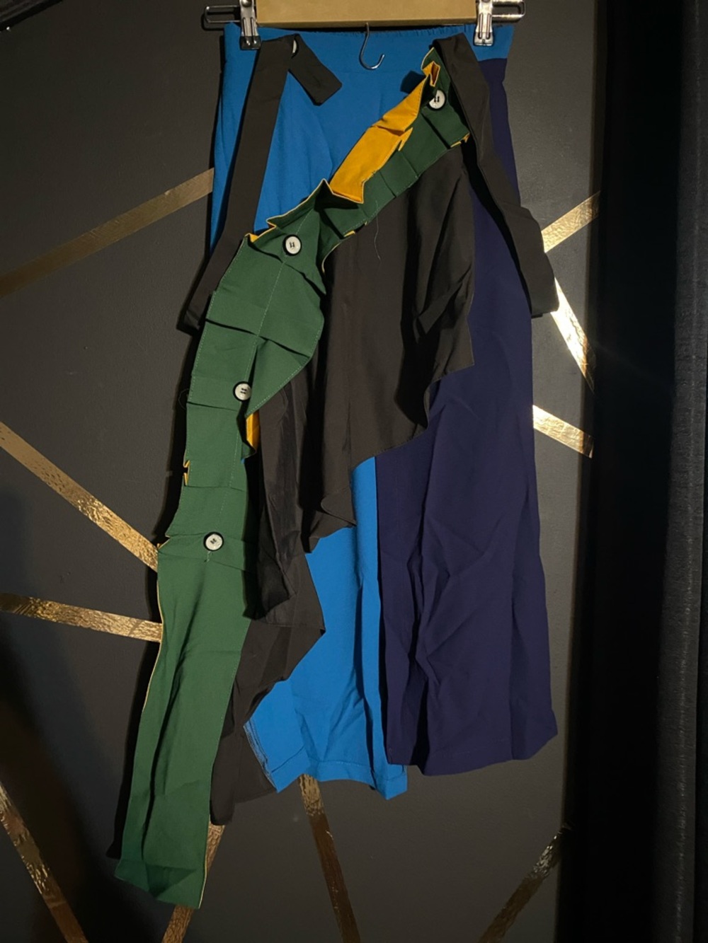 Multi-Panel Colorblock Skirt with Buttoned Green Removable Sash